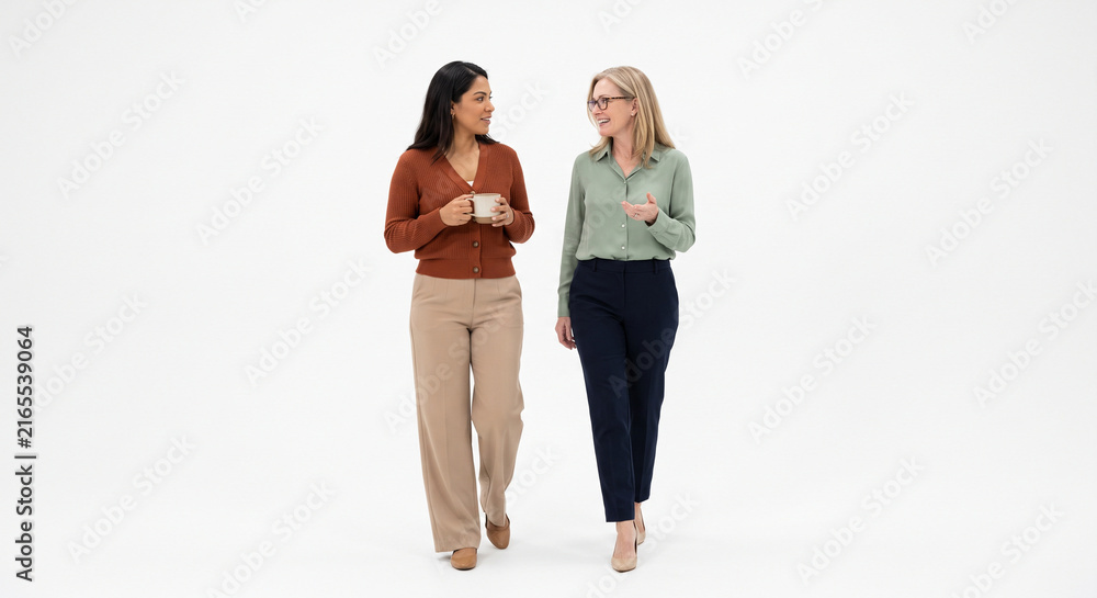Naklejka premium Two Women Walking and Chatting in Casual Autumn Outfits on White Background