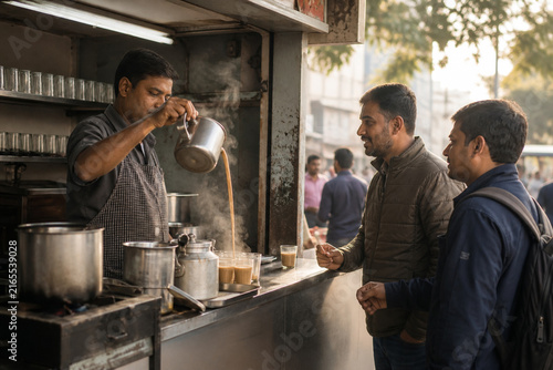 Indian Chai Vendor Pouring Fresh Masala Tea for Neighborhood Customers at a Busy Streetside Stall during the Morning Commute
