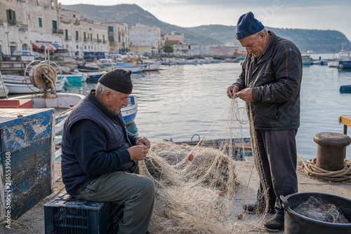 Mature Italian Fishermen Repairing a Working Net Together beside Small Boats in a Traditional Mediterranean Coastal Harbor