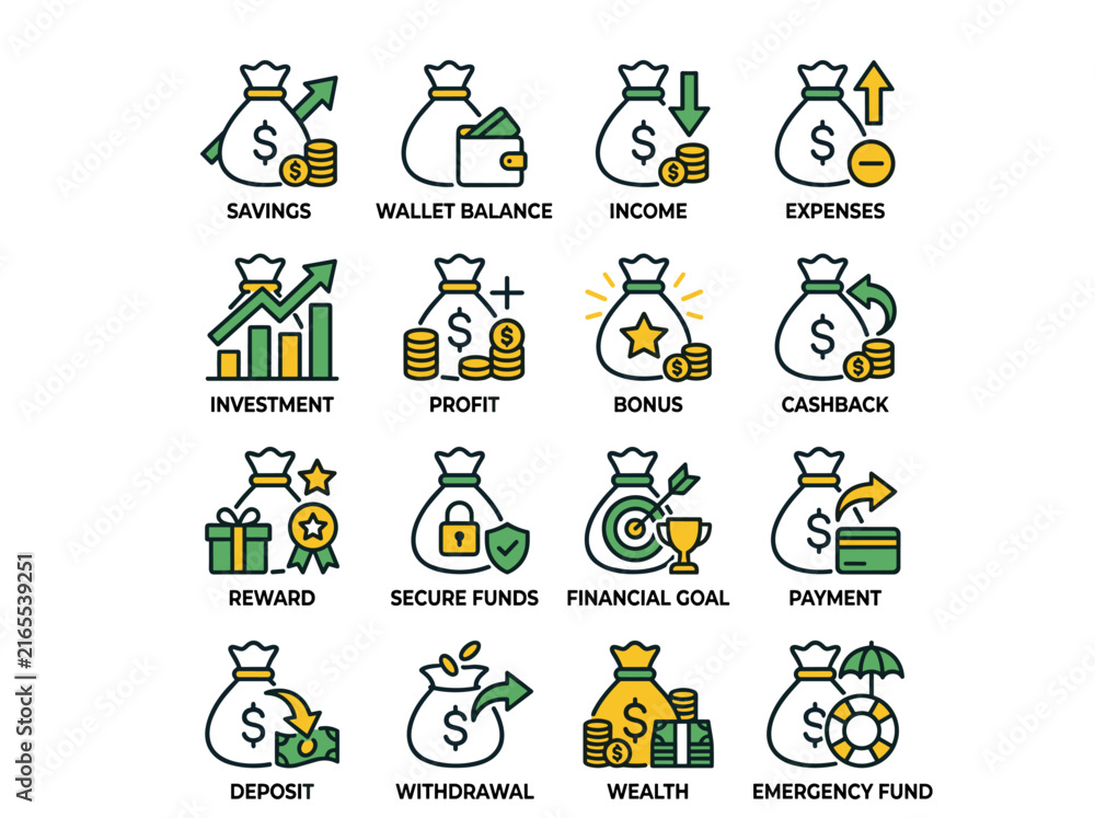 Fototapeta premium Savings, Investment and Personal Finance Money Bag Icon Set in White, Green and Yellow Hand Drawn Outline Style on White Background