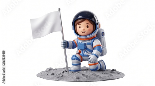 Cute cartoon astronaut kneeling on the moon planting a white flag with a starry helmet and blue white suit