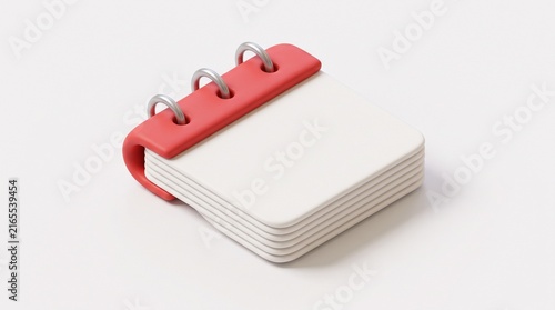 Minimalist 3D rendering of a blank red and white spiral bound desk calendar with empty pages on a white background