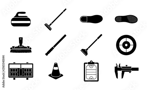Curling Sport Equipment Icons Set, Ice Game Accessories Collection, Winter Sports Gear Vector Graphics, Athletic Tools and Symbols