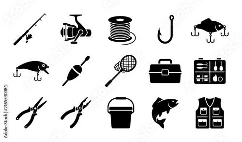 Fishing Gear Icons Set, Angling Equipment Vector Collection, Sport Fishing Tools and Accessories, Outdoor Hobby Graphics
