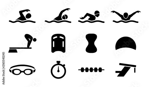 Swimming Icons Set, Aquatic Sport Pictograms, Water Activity Symbols, Pool Training Equipment, Competitive Swimming Graphics