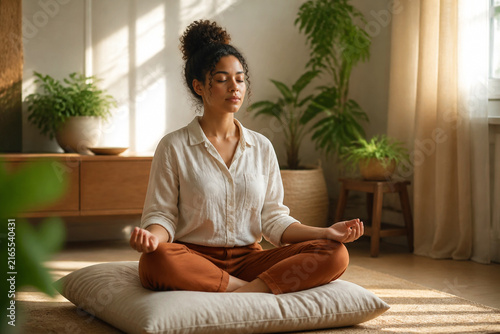 Young Woman Practicing Peaceful Morning Meditation on a Floor Cushion in a Sunlit Home Surrounded by Natural Decor and Green Plants