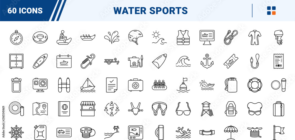 Fototapeta premium Banana boat ride line icon set. Vector pictograms of water sports, beach recreation, ocean towing, and summer activity elements, thin linear illustration.