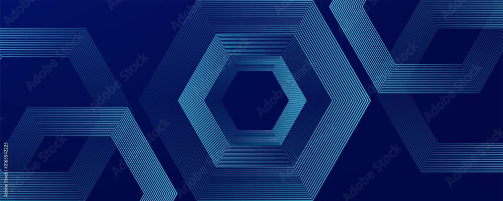Fototapeta premium Dark blue background with hexagon geometric lines pattern. Abstract shiny hexagon lines. Futuristic technology concept