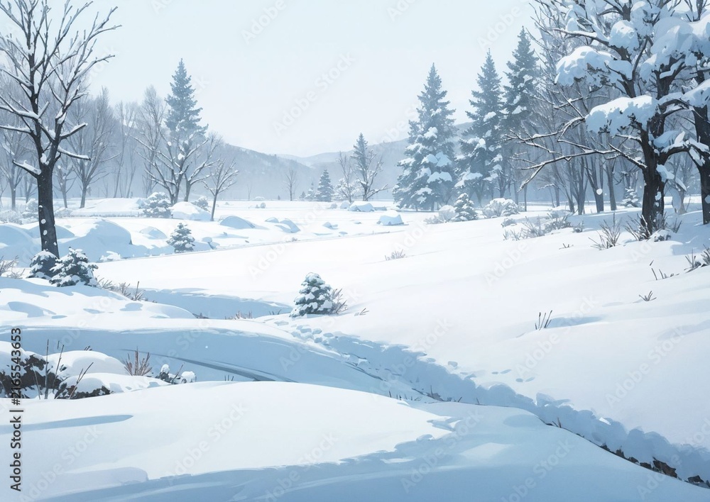 Fototapeta premium Serene winter landscape: A snowy golf course with bare trees