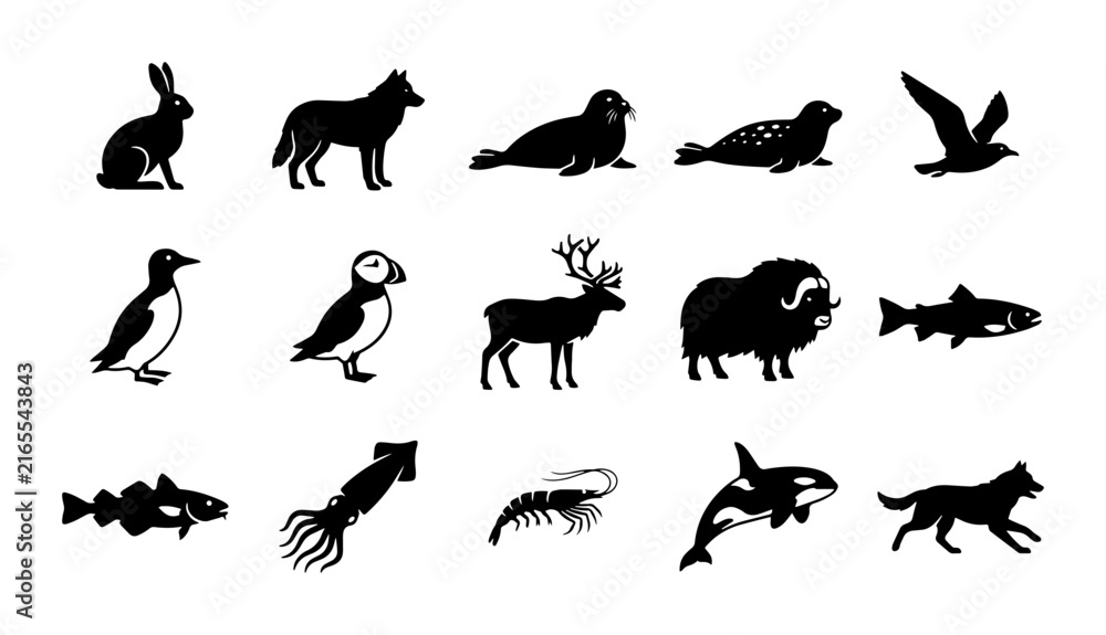 Fototapeta premium Arctic Wildlife Icons Set, Polar Animals Vector Collection, Cold Climate Fauna Silhouettes