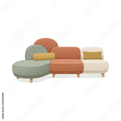 Modern modular sofa with chaise lounge and round cushions, mid-century modern design, isolated on white background