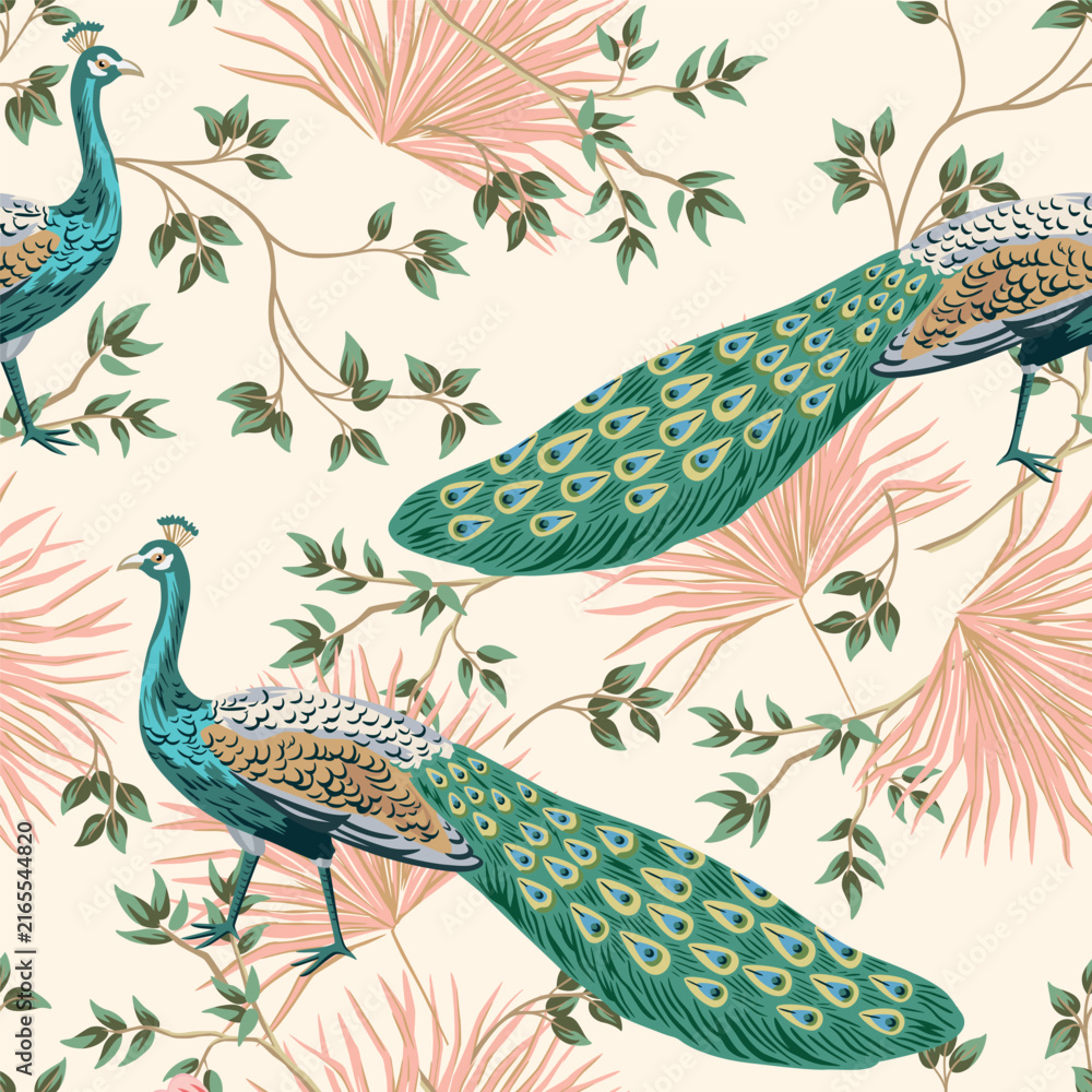 Naklejka premium Peacock, palm leaves floral seamless pattern light background. Floral chinoiserie wallpaper.