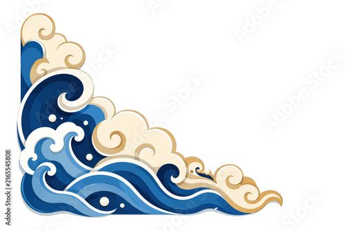 Blue Ocean Wave and Cloud Corner Decoration Flat Vector Asian Inspired Ornament Isolated on White Background