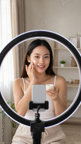 Young Asian Beauty Creator Filming a Vertical Skincare Tutorial with an Upright Smartphone and Ring Light in a Bright Home Studio