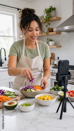 Home Cooking Creator Recording a Vertical Healthy Recipe Video with an Upright Smartphone beside Colorful Fresh Ingredients in a Modern Kitchen