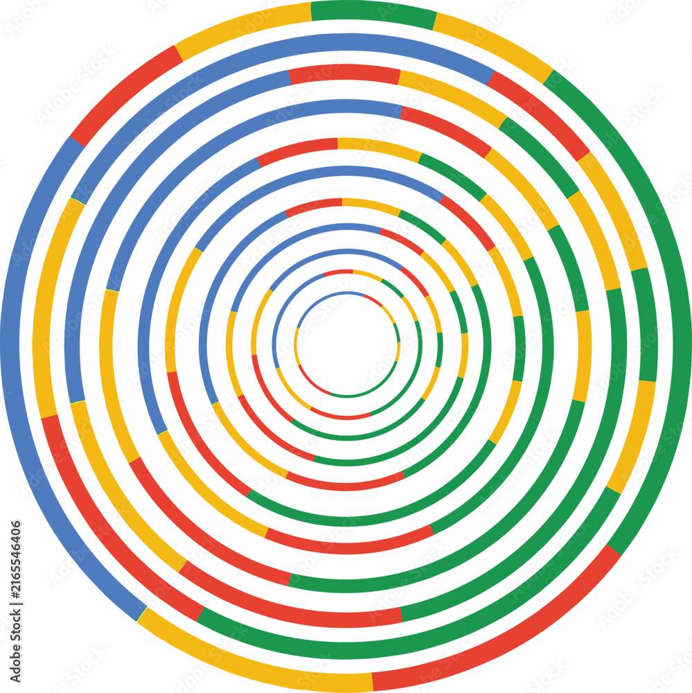 Naklejka premium Concentric circles with segmented colors: blue, red, yellow, green abstract background