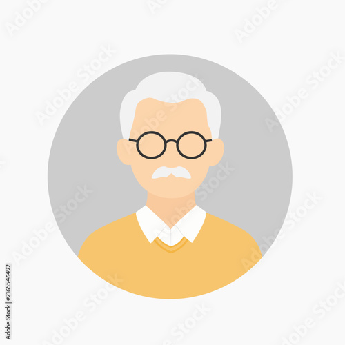 Grandfather Profile Icon with Glasses and Yellow Clothing. Flat Vector Avatar Illustration for Family, Elderly Man, User Account, Personal Profile and Social Media Design