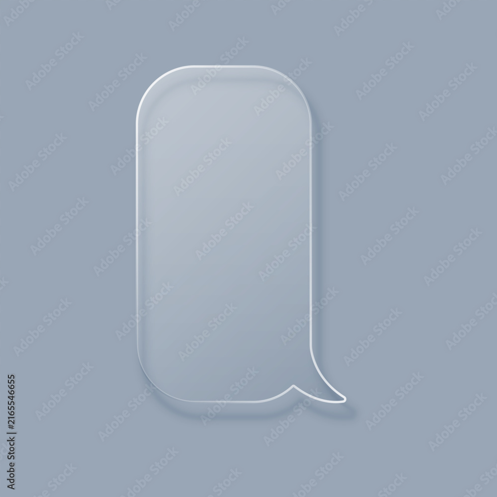 Obraz premium A vertical speech bubble icon featuring a modern transparent glass effect isolated on a soft grey background