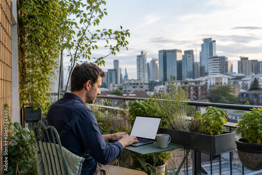 Fototapeta premium Professional Working on a Laptop at a Green Apartment Balcony Desk overlooking a Modern City Skyline during a Calm Early Evening