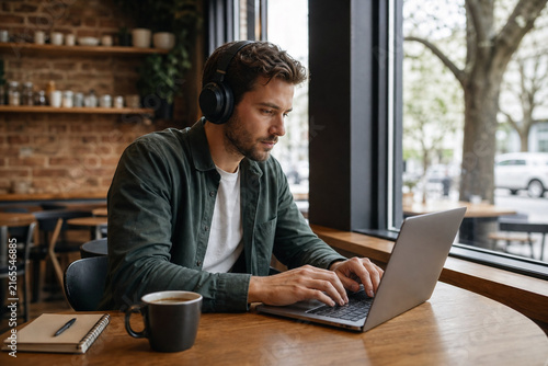 Freelance Professional Working with Headphones and a Laptop beside a Window in a Quiet Independent Neighborhood Cafe during the Morning