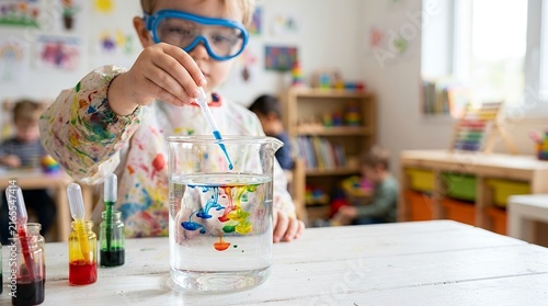 Young boy wearing safety goggles performing a colorful science experiment in a classroom.