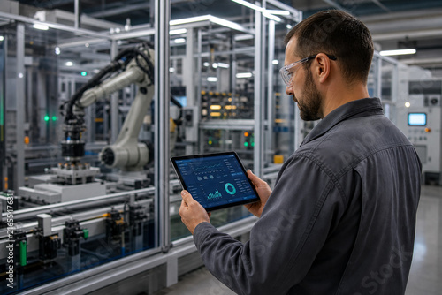Industrial Engineer Using Artificial Intelligence Predictive Maintenance Analytics beside an Automated Robotic Production Line in a Smart Factory