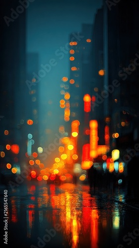 View of a city street at night with lights reflecting off the wet ground