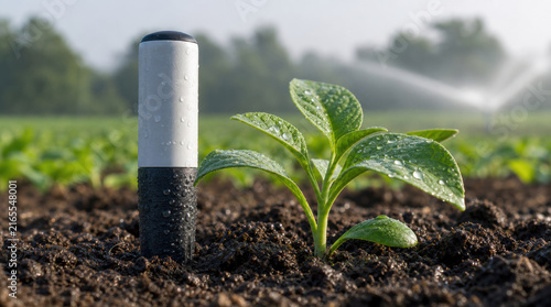 Smart soil sensor young crop plant agricultural field irrigation spray healthy leaf moist soil sustainable farming