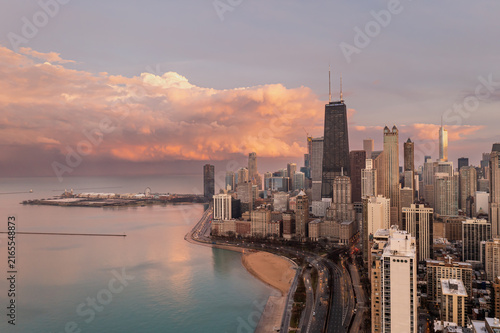 Chicago Skyline and Lake Michigan Under Glowing Sunset Clouds