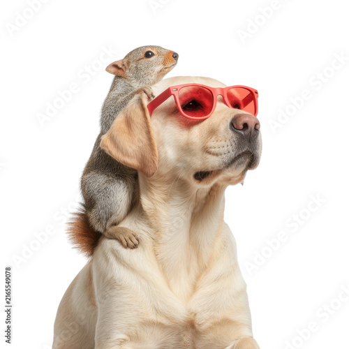 A Labrador Retriever wearing red sunglasses with a cute squirrel, on a transparent background.