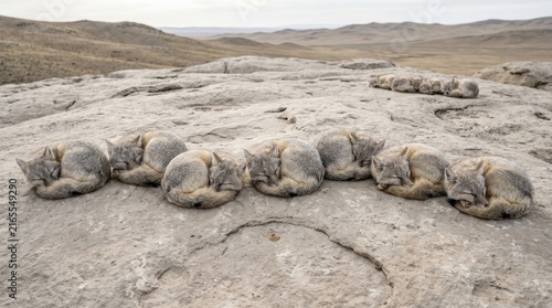Panoramic photograph of sleeping Corsac foxes curled in a row on a minimalist limestone plateau with a natural rhythmic composition and soft lighting