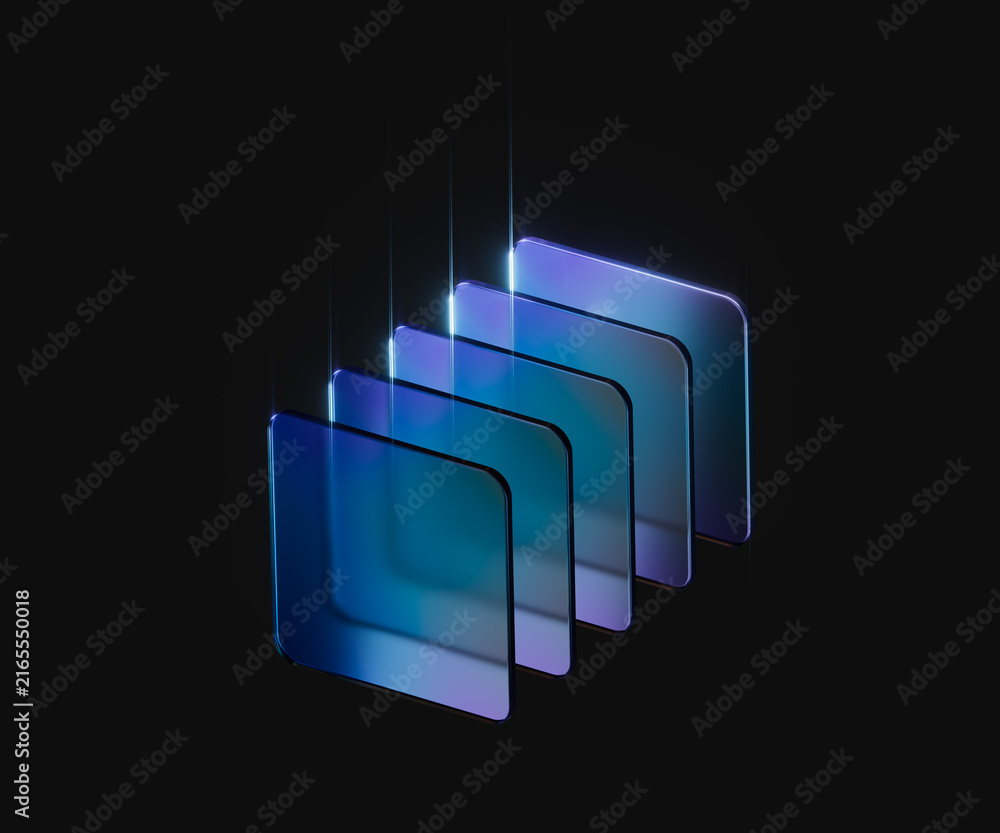 Naklejka premium Glass panel stack on black, 3d rendering minimal tech concept for fintech app, corporate presentation, digital wallet concept and cloud computing software ui banner