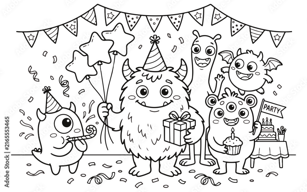 Obraz premium Cute Cute Monsters Birthday Party Coloring Page for Kids with Balloons Cake Gift Box and Confetti Line Art Vector