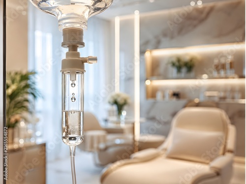 Intravenous IV drip vitamin therapy chamber close up in wellness clinic
