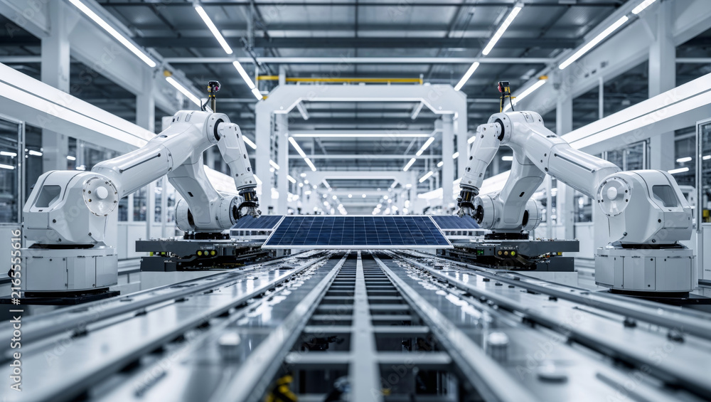 Naklejka premium Robotic arms assembling solar panels on a modern automated production line