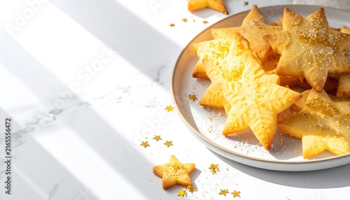 Golden star shaped cookies sprinkled with sugar on a plate with scattered star confetti