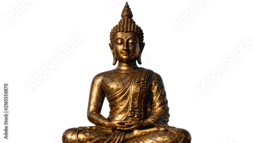 Obraz na plátně Golden Buddha statue with serene expression meditating in lotus pose, isolated o