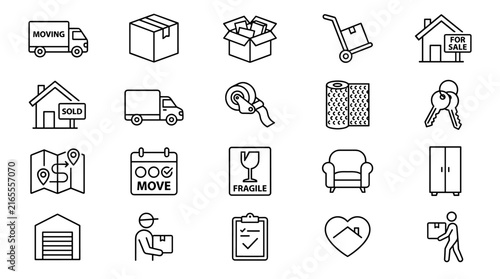 20 Moving and Real Estate Line Icons Set for Delivery and Relocation Apps