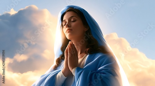Virgin mary praying with clasped hands against clouds