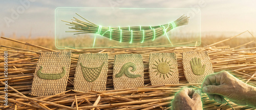 Traditional reed weaving and riverine culture concept, artisan crafting woven mats with digital overlay, sustainable materials, ethnic craftsmanship, waterfront traditions, folk art