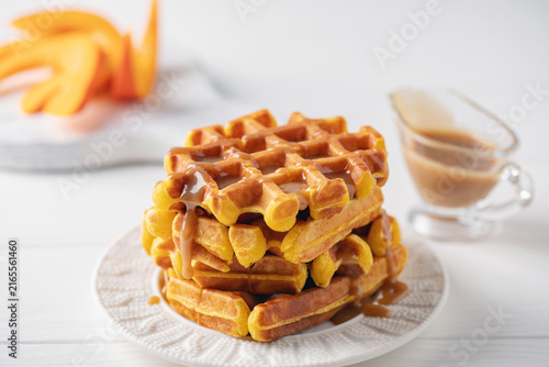Homemade pumpkin waffles. Autumn recipe. Halloween concept