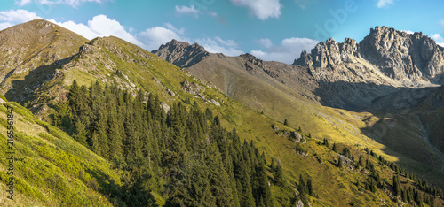 Landscape KZ, mountain, trees, green, stones, peak, blue,, clubs, forester 