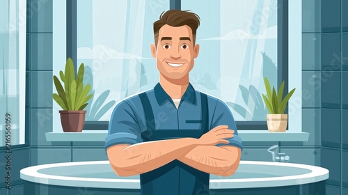 A smiling person in work clothes stands in a clean bathroom.