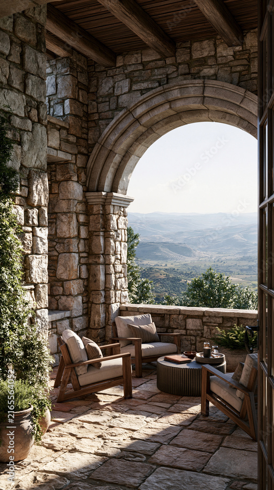 Fototapeta premium Mediterranean stone arch patio overlooking a valley