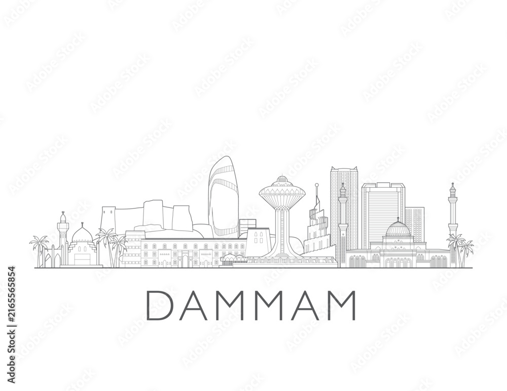 Obraz premium Dammam skyline, Saudi Arabia. Urban cityscape with landmarks and monuments. Hand drawn line art digital skyline illustration.