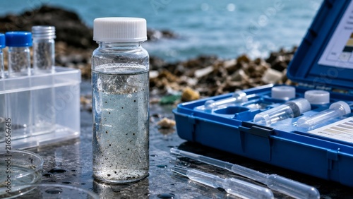 Marine pollution testing kit beside a rugged rocky shoreline portrait with warm sunset light clear