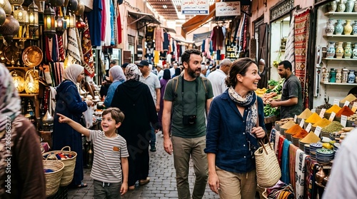 Bustling Moroccan Souk Market Scene with Diverse Shoppers and Colorful Stalls.
