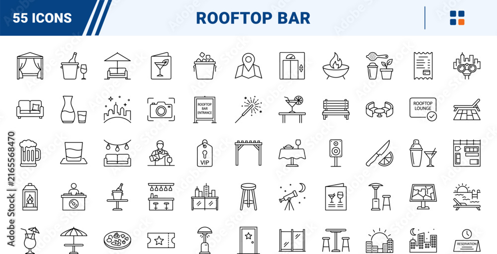 Fototapeta premium Rooftop Bar View line icon set. Vector pictograms of hospitality, entertainment, travel, and leisure elements, thin linear illustration.