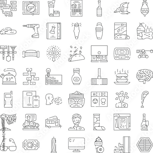 Set of vector linear icons on a white background, presenting a wide array of subjects, objects, and abstract representations for web design, applications, and digital interfaces