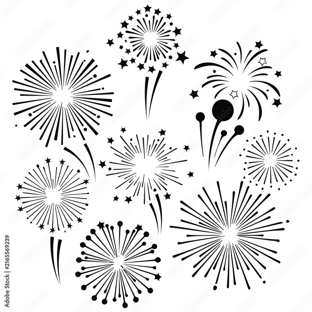 Obraz premium Fireworks silhouette vector illustration showing various explosion bursts for festivals.
